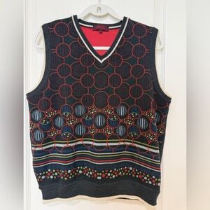 Kenzo Vintage Navy & Red Geometric V-Neck Sleeveless Sweater Vest Size 3 M/L